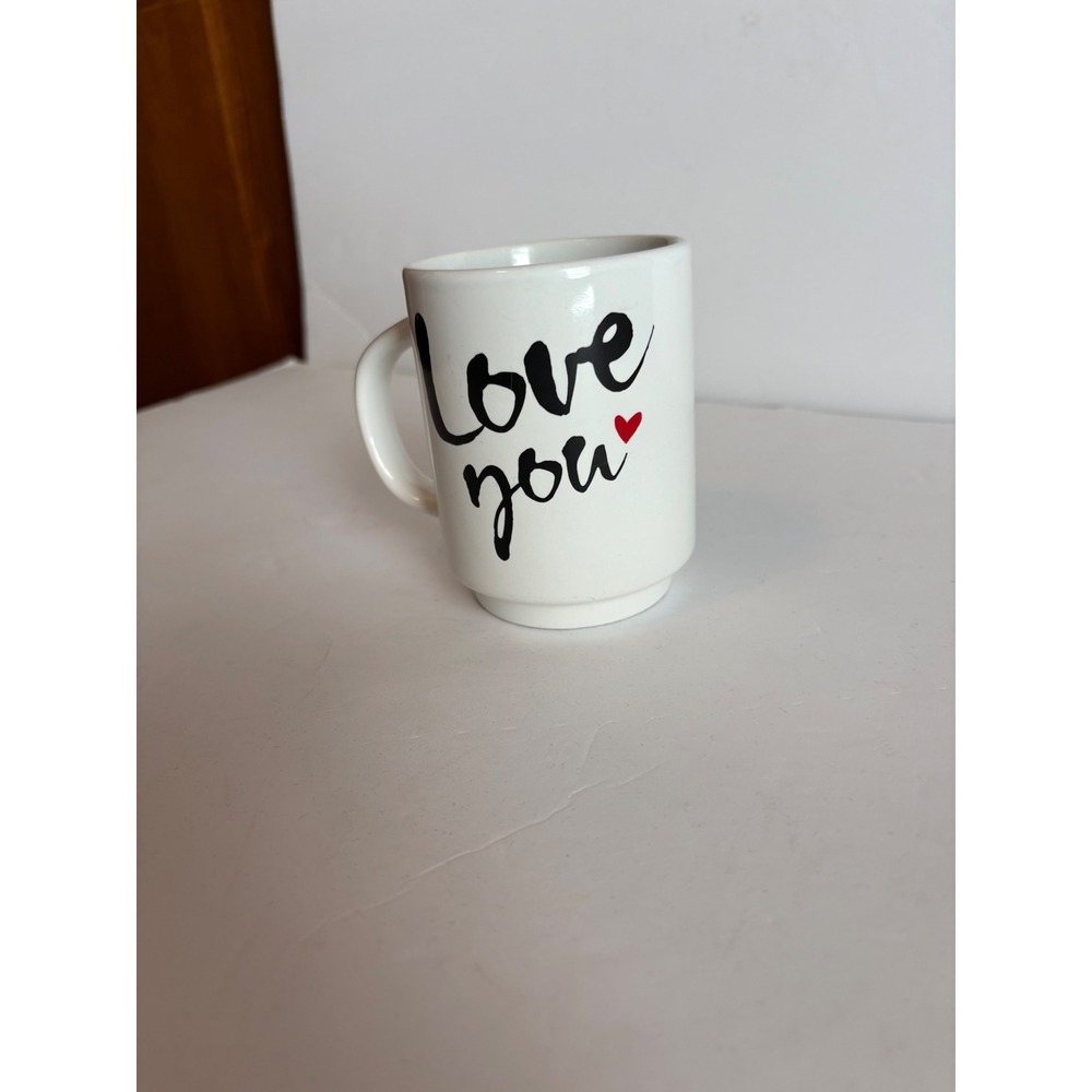 White‎ Ceramic Coffee Mug Love You Heart Black Script Design
